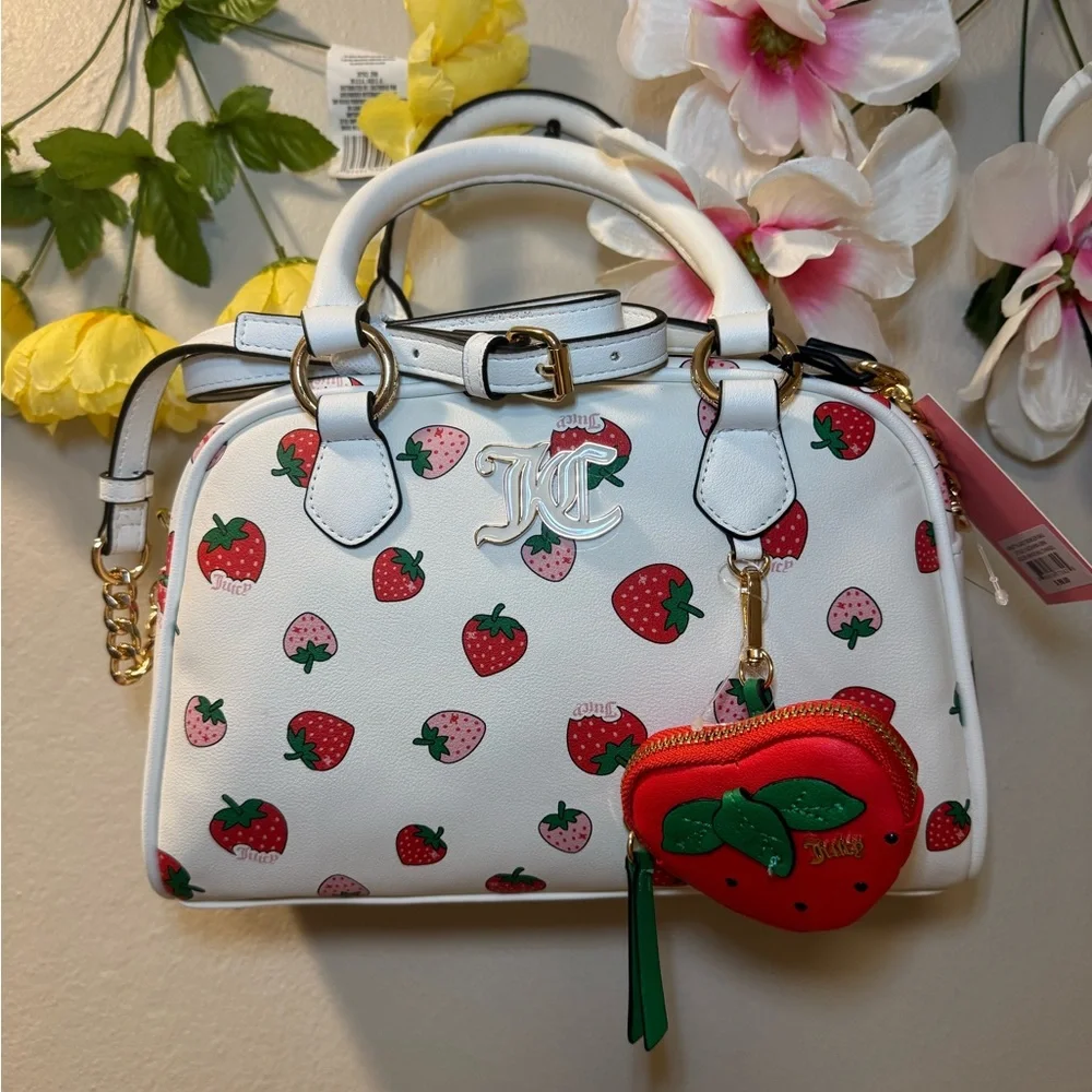 Juicy Couture White Strawberry Print Satchel with Red Strawberry Charm